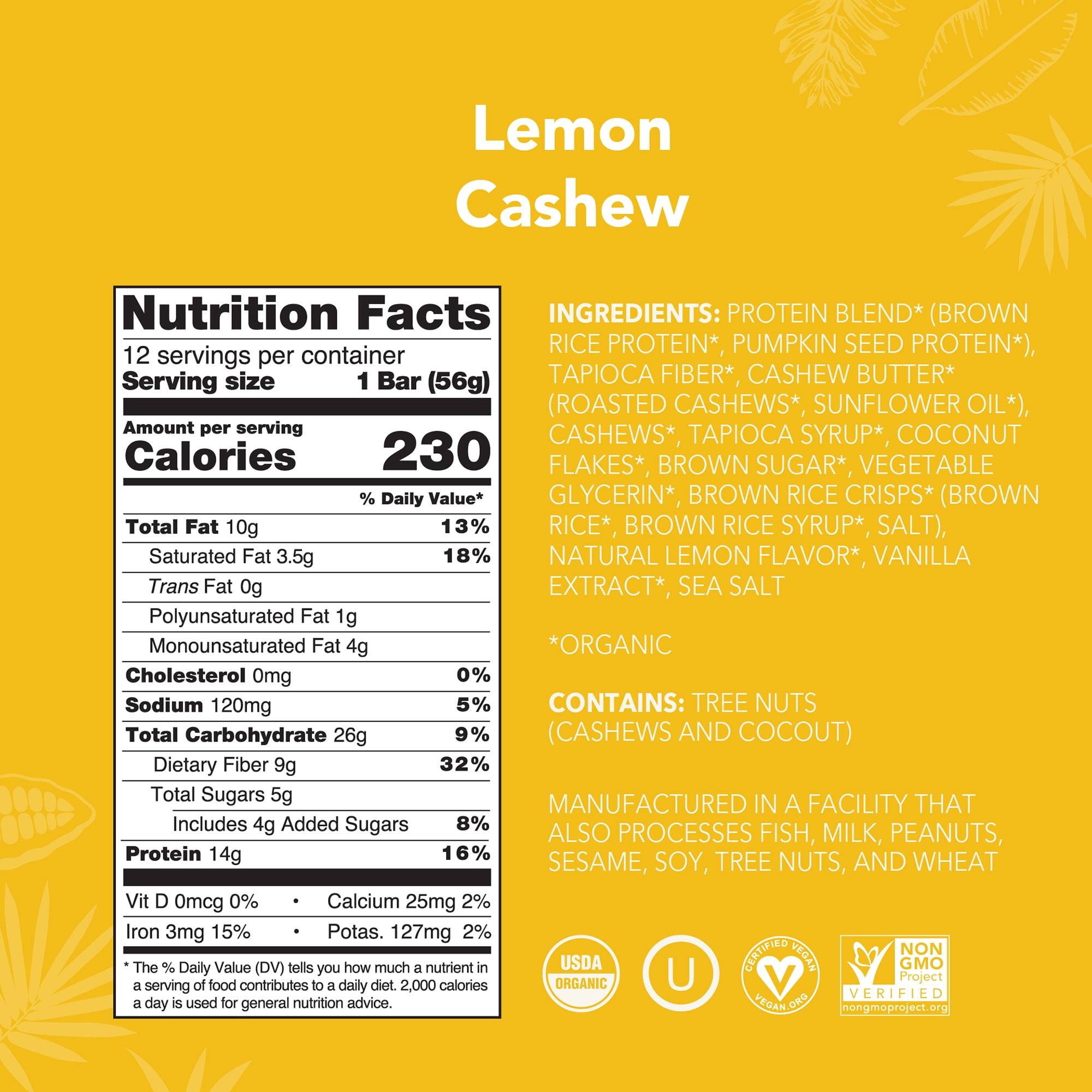 ALOHA Plant Based Protein Bars, Lemon Cashew, 14g Protein (Pack of 12)