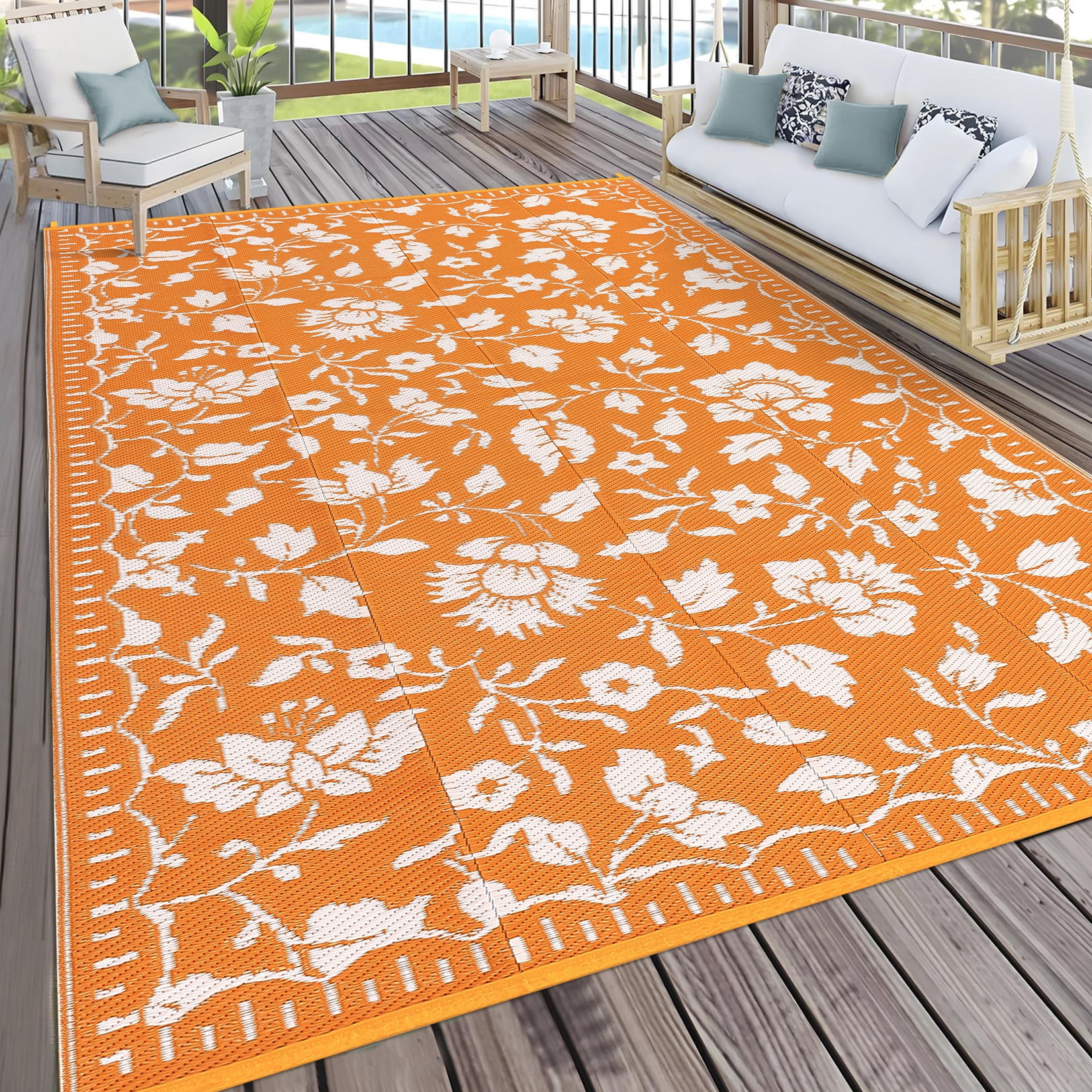 Garvee 10'x14' Outdoor Rug Waterproof Floral Camping Carpet, Reversible Plastic Straw Rug Outdoor Rug for Patio RV Balcony Backyard, Orange
