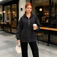 thumbnail image 6 of Women's Quarter Zip Hoodie Denim Pullover Oversized Long Sleeve Casual Hooded Top with Kangaroo Pocket Relaxed Fit Sweatshirt for Daily Commute Weekend Outings, 6 of 8