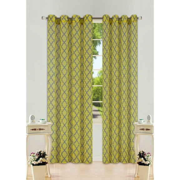 (S38)  Yellow/Gray 2pc Printed Sheer Grommet Window Treatment Set, Two (2) Geometric Pattern Panels 55"W x 108"L (Each)