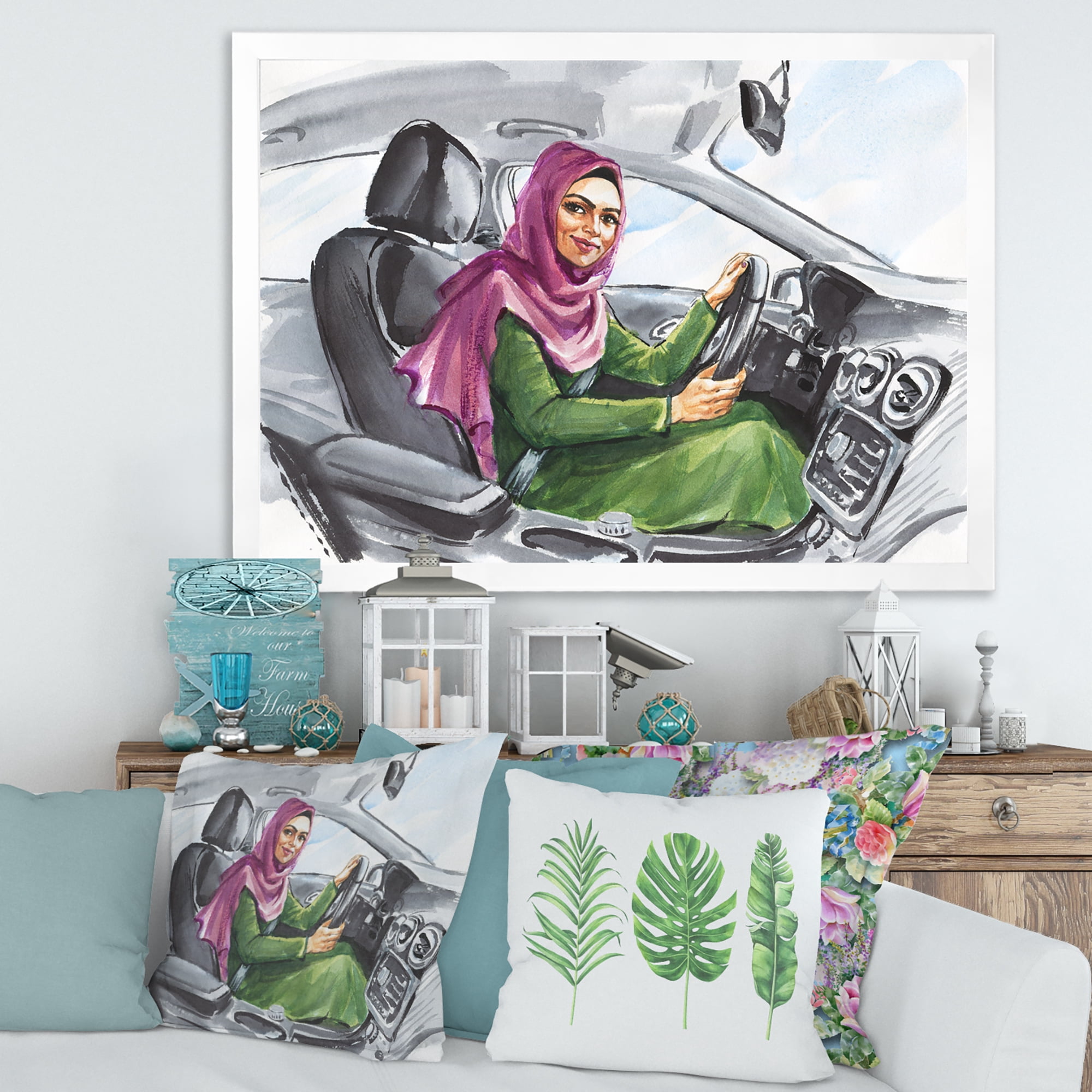 Designart 'Arabian Lady Driving A Car II' Modern Framed Art Print
