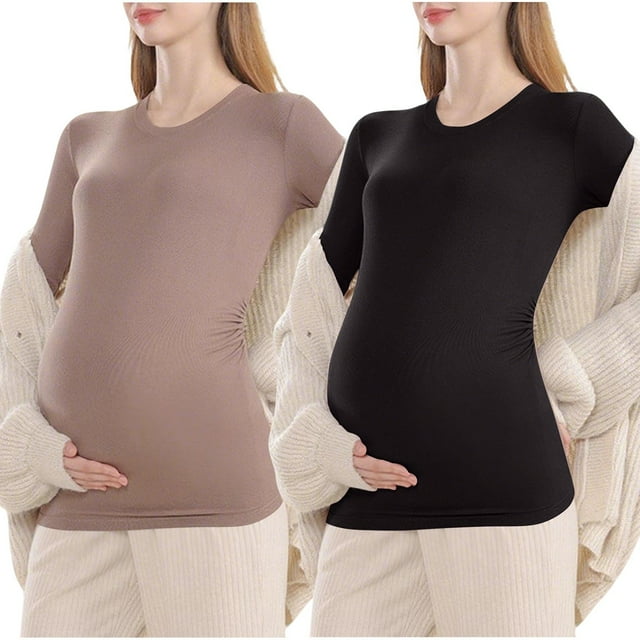 MeetoTime Women's Maternity Clothes Solid Color Round Neck Long Sleeved Top Thin Pregnancy Base Shirt
