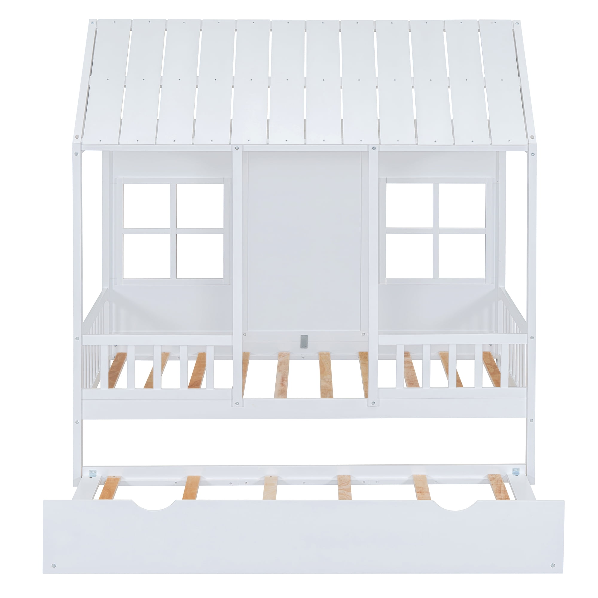 Harper & Bright Designs House Bed with Trundle Twin House Bed, Wooden Platform Bed Frame with Headboard and Roof for Girls Boys, White