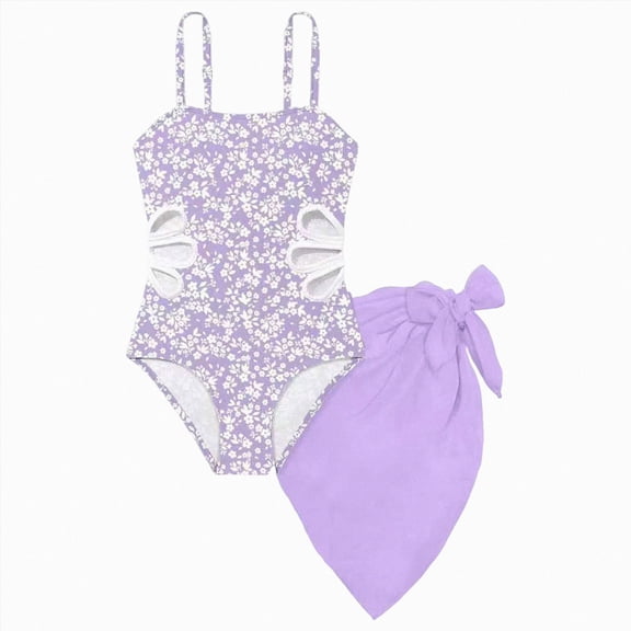 OYXSER Girls Swimsuit Adjustable Straps Cut Out Swimwear One-Piece Bathing Suit with Cover Up, Purple 13-14Y