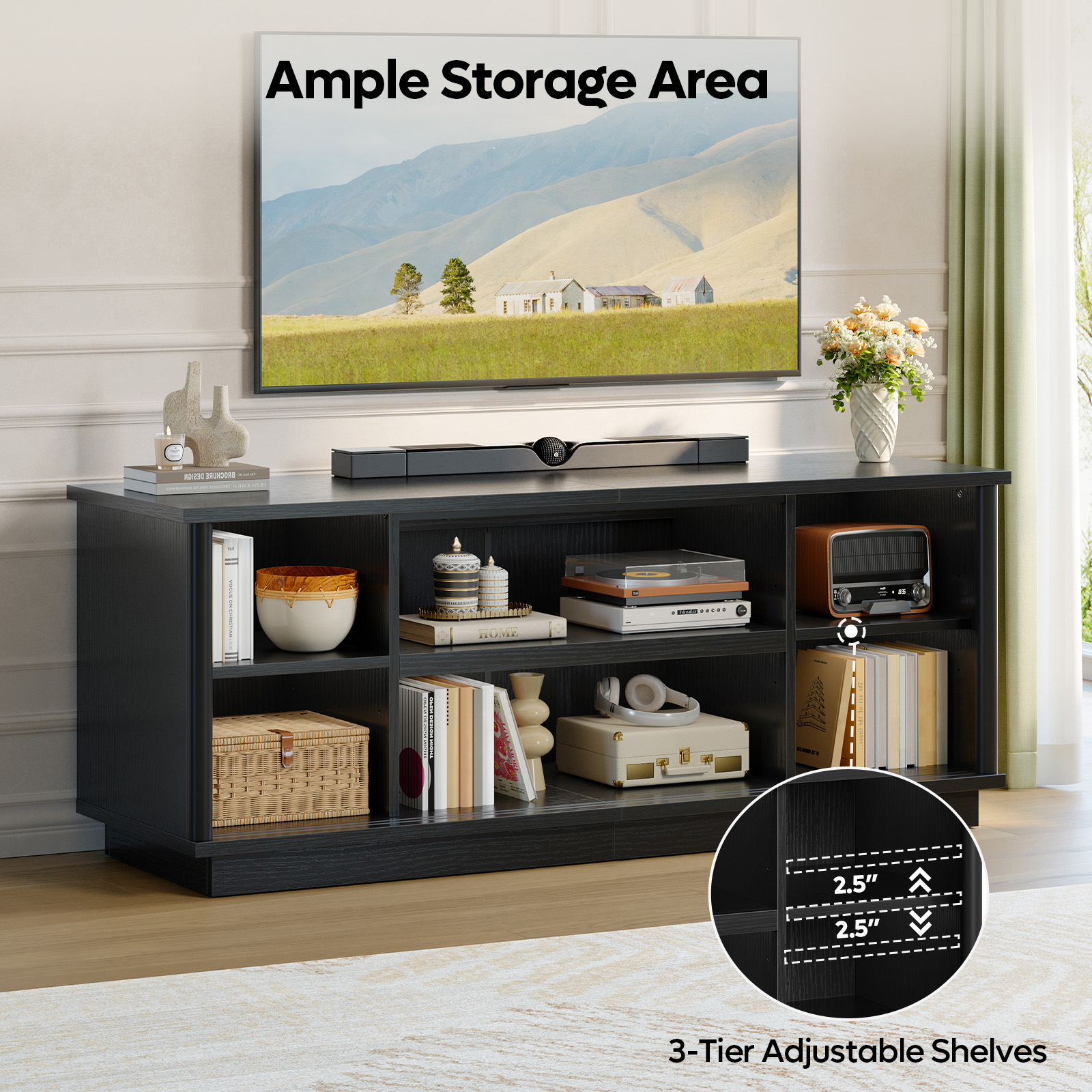 Bestier 70" TV Stand with Sliding Door, Black photo 4