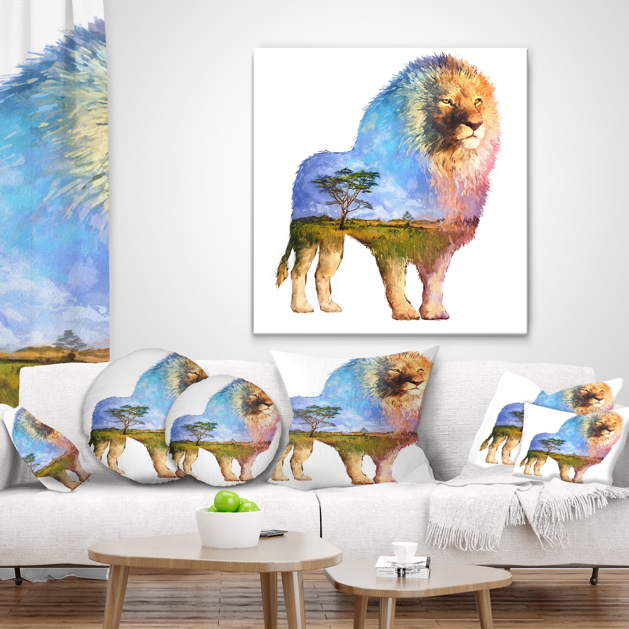 Designart Lion Double Exposure Illustration - Animal Throw Pillow - 16x16