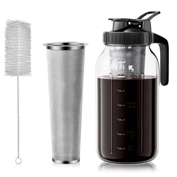VA1KENE 64oz Cold Brew Coffee Pitcher Ice Coffee Maker with Spout, Handle & Stainless Steel Filter Coffee Maker with lid for Home Kitchen-Black