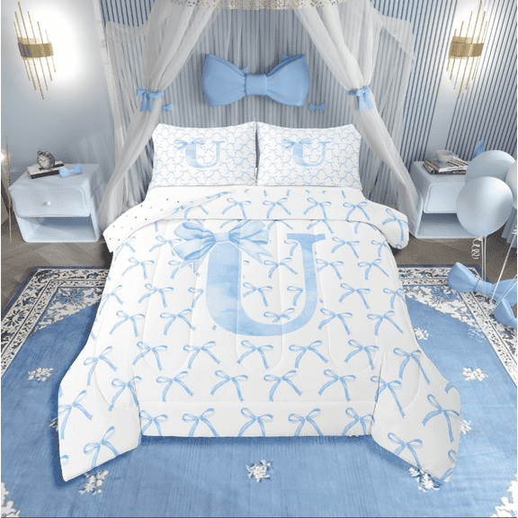 Erosebridal Initial Letter Bedding Twin Comforter Set,Monogrammed Bowknot Down Comforter,Kawaii Decoration,Reversible,Lightweight,2-Piece