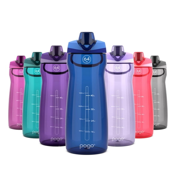 Pogo Botella De Agua De Plástico De 64 Oz Con Tapa A Prueba De Fugas Y Asa De Transporte Marcas De Capacidad Reutilizables Sin Bpa Apto Para Lavavajillas Perfecto Para Viajes Escuela Al Aire Libre Y G