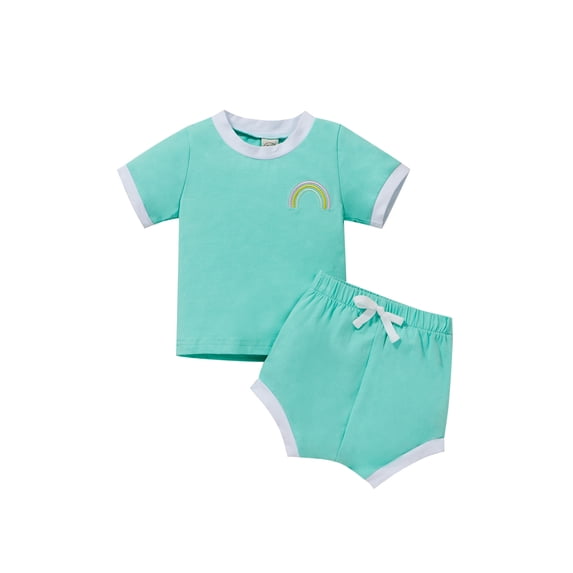 Seyurigaoka Children Clothes Set, Rainbow Embroidery Pattern T-shirt and Shorts