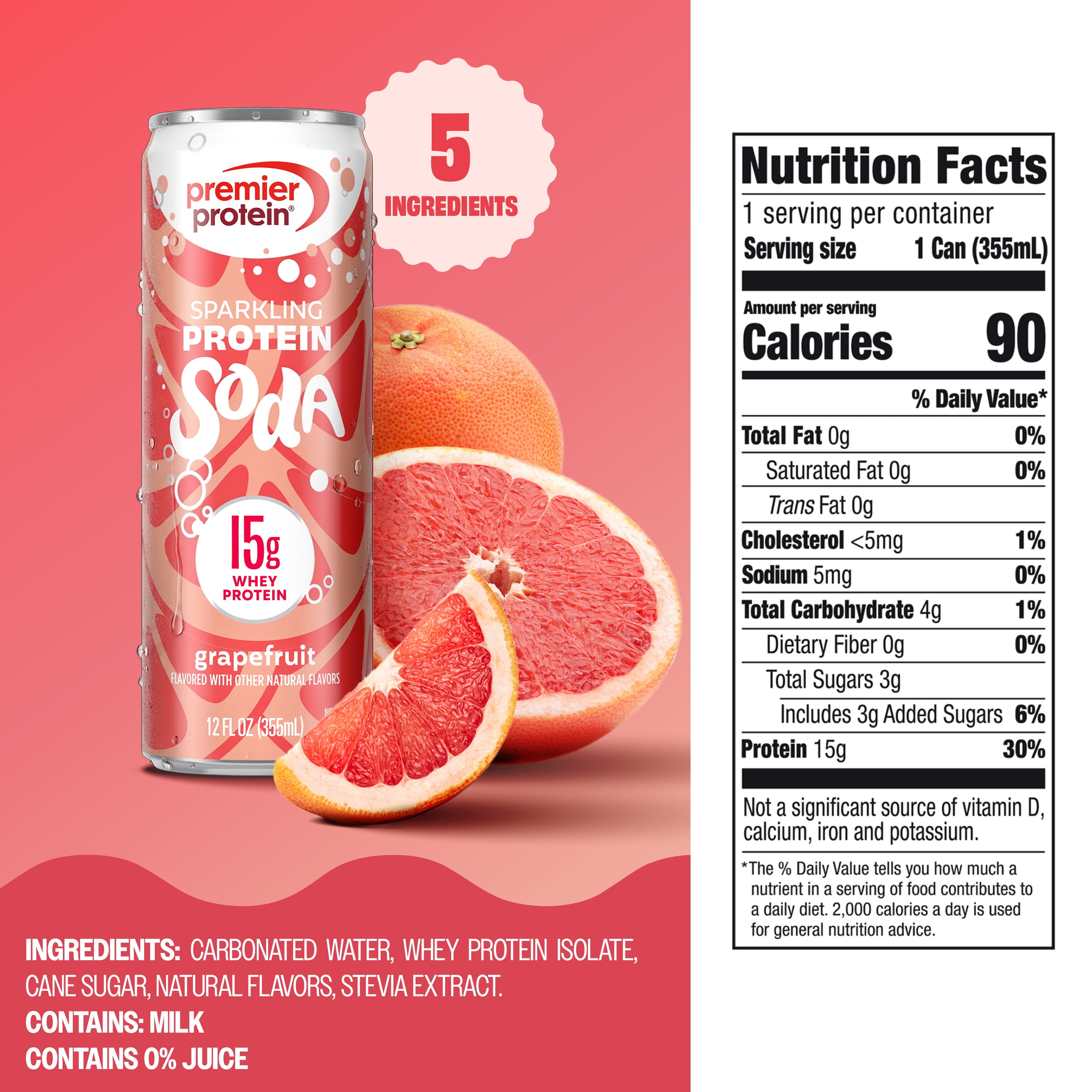 Premier Protein, Sparkling Protein Soda, 15g Protein, Grapefruit, 12 Fl Oz, 4 Ct