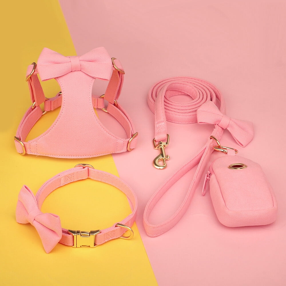 Pet Artist 4pcs Cute Bowtie Dog Harness and Collar and Leash and Poo Bag Holder Adjustable Pet Puppy Cat Vest