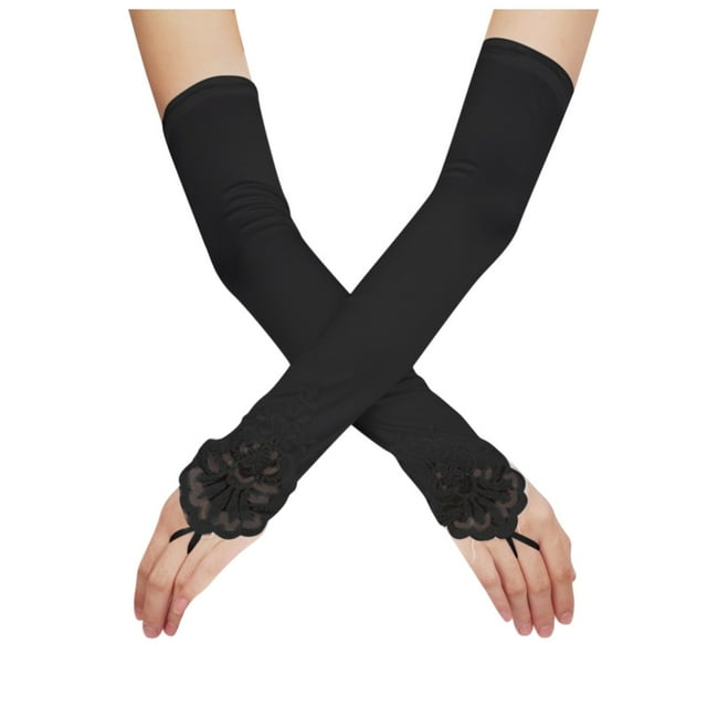 WEAIXIMIUNG Gants de Travail Sans Doigts Longs Gants Rouges Percés Longueur Coude Gants en Satin Extensibles Opéra Soirée Fête Gants des Années 1920 pour Femmes