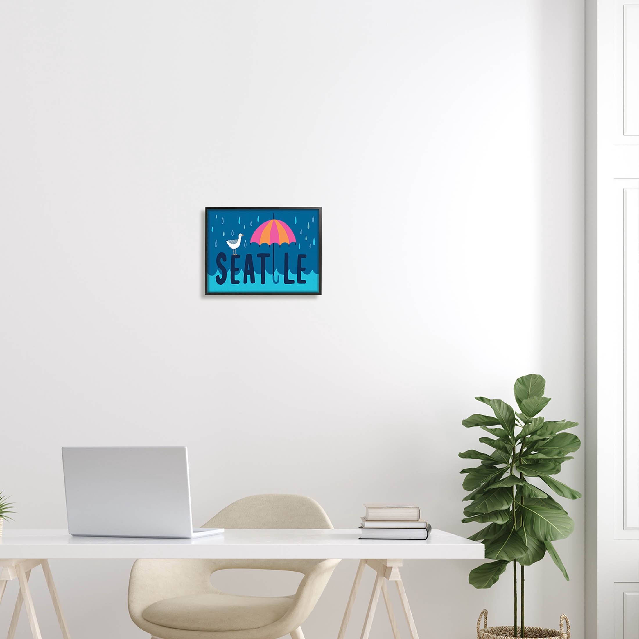 Seattle Raindrops Falling Seagull Animals & Insects Graphic Art Black Framed Art Print Wall Art