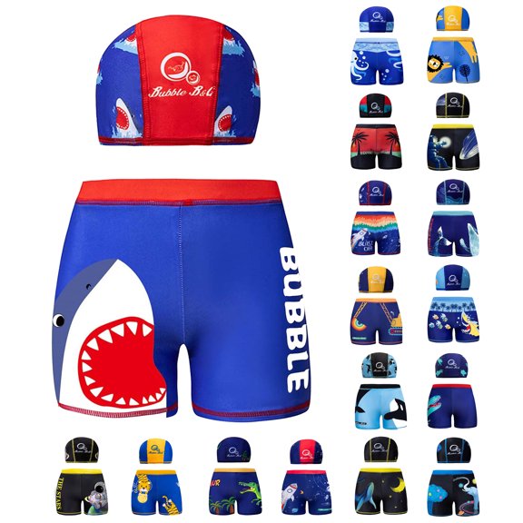 HAOTAGS Boys Printed Swim Trunks Matching Cap Set, Elastic-Waist Quick-Dry Shorts Summer 2 Piece Swimsuit Set Red 5-6 Years