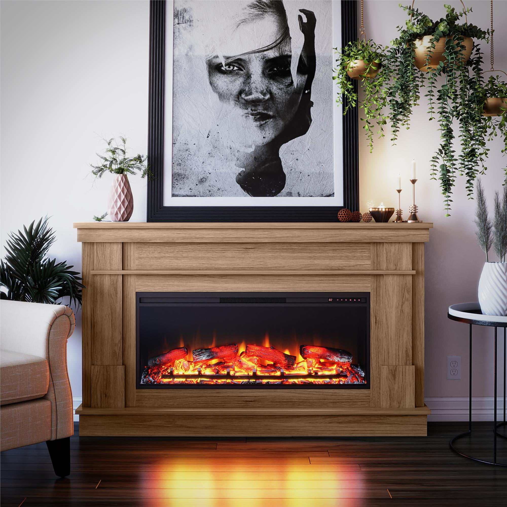 Elmcroft Wide Mantel with Linear Electric Fireplace, Walnut