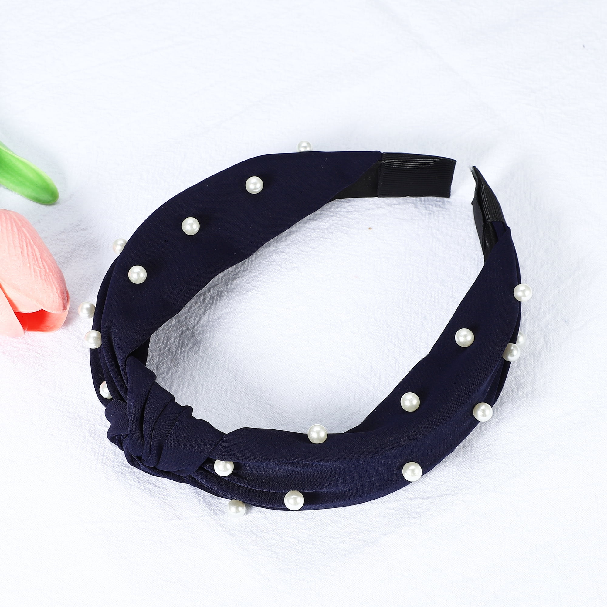 Unique Bargains 1 Pcs Satin Knotted Pearl Headband Hairband for Women 1.1 Inch deep blue