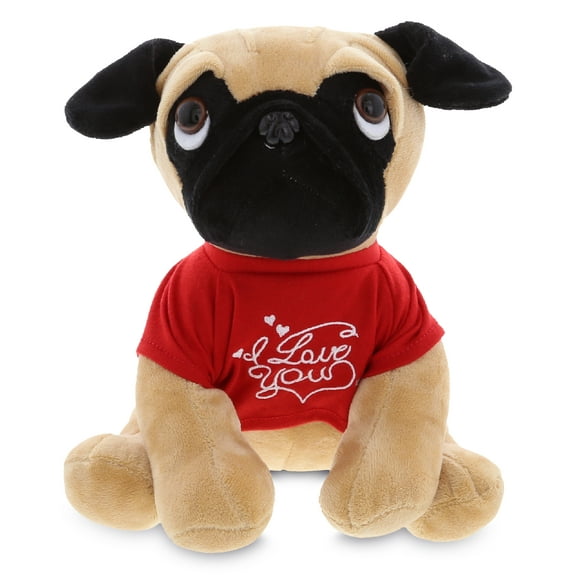 DolliBu I LOVE YOU Sitting Pug Dog Plush- Cute Stuffed Animal with Red Shirt For Valentine, Anniversary, Romantic Date, Boyfriend, or Girlfriend Gift - 10 Inches