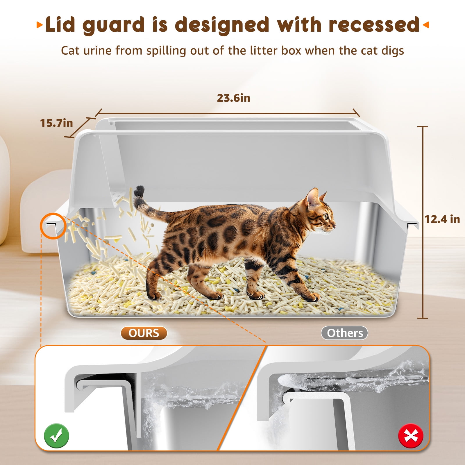 Stainless Steel Litter Box with Large Litter Mat, 23.6" High-Sided Metal Litter Pan for Multi Cats Tray with Scoop Non-Stick, Leak-Proof, Easy to Clean