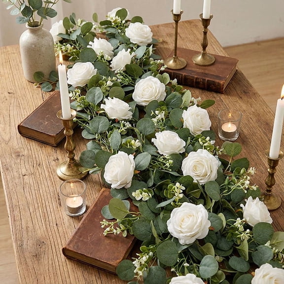 Artificial Eucalyptus Garland with White Roses,5.7ft Silk Rose Vine with Baby's Breath,Faux Greenery Garland for Wedding Arch,Table Runner,Mantel,Party,Home Decor - Fake Floral Garland