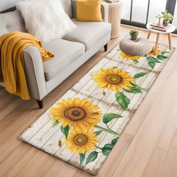 Sunflower 2'x6' Runner Rugs for Hallway Kitchen Bedside Non Slip Washable, Yellow Summer Botanical Vintage Entryway Rug Runners with Rubber Backing, Long Carpet Runner for Laundry Room