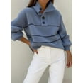 thumbnail image 5 of Women'S Slouchy Waffle Knit Sweater 1/2 Button Collared Pullover Striped Sweater Tops Blue XXL, 5 of 8