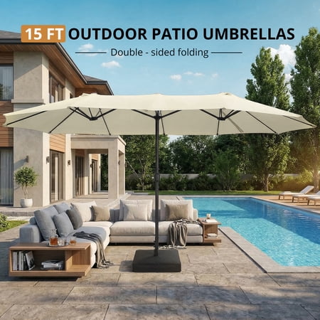 Richya 15 FT Outdoor Patio Umbrella, Large Rectangular Double Sided Market Table Twin Umbrellas with Crank Handle for Deck Pool(Beige)