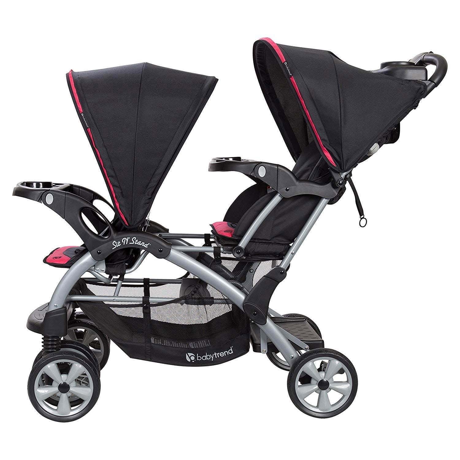 pink double stroller with car seat