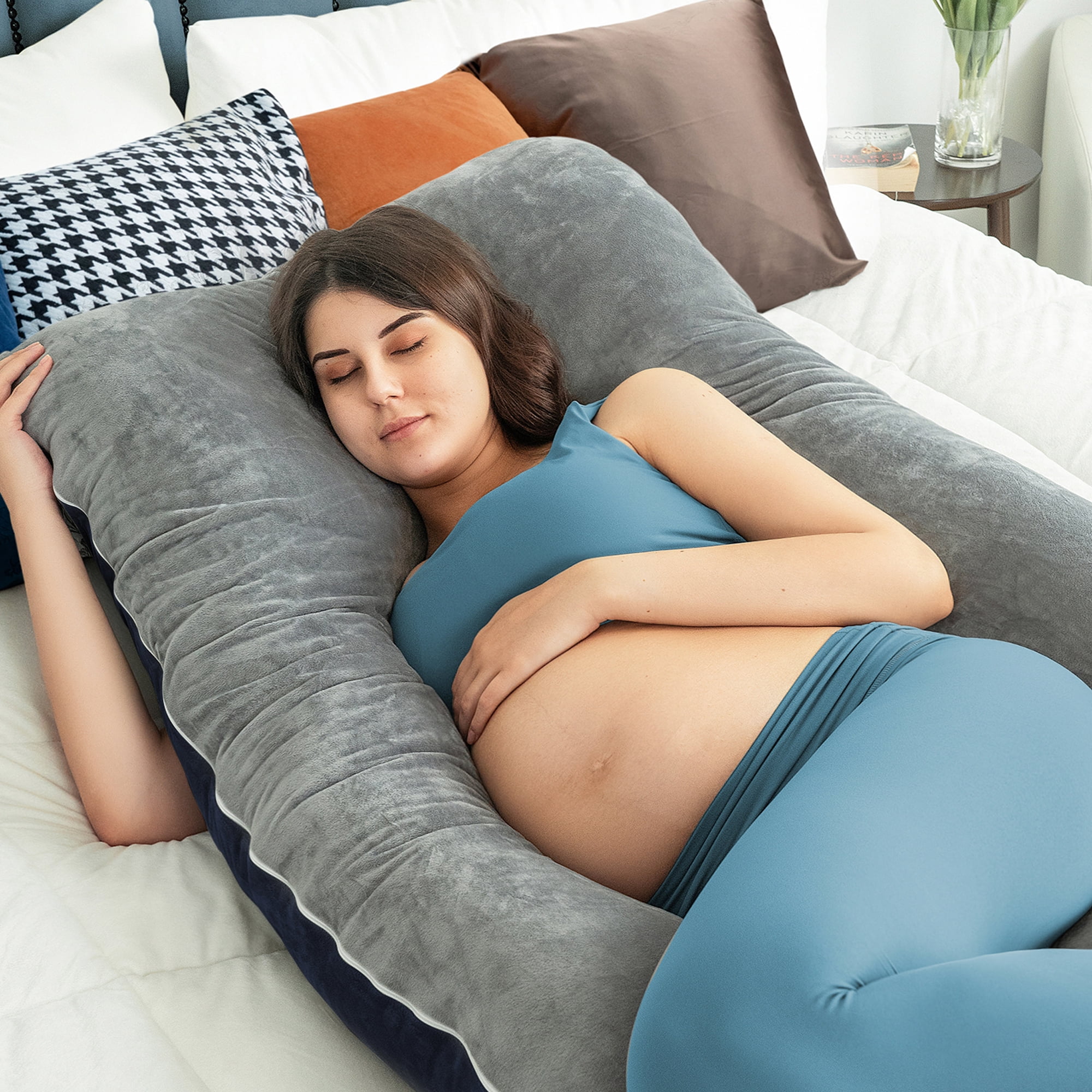 Queen Rose Pregnancy Pillow U Shaped,Full Body Maternity Pillow with Velvet Cover, Gray