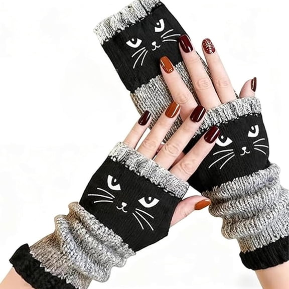 Knit Fingerless Gloves for Women, Cute Cat Embroidery Splicing Womens Knitted Glove, Warm Cozy Winter Vintage