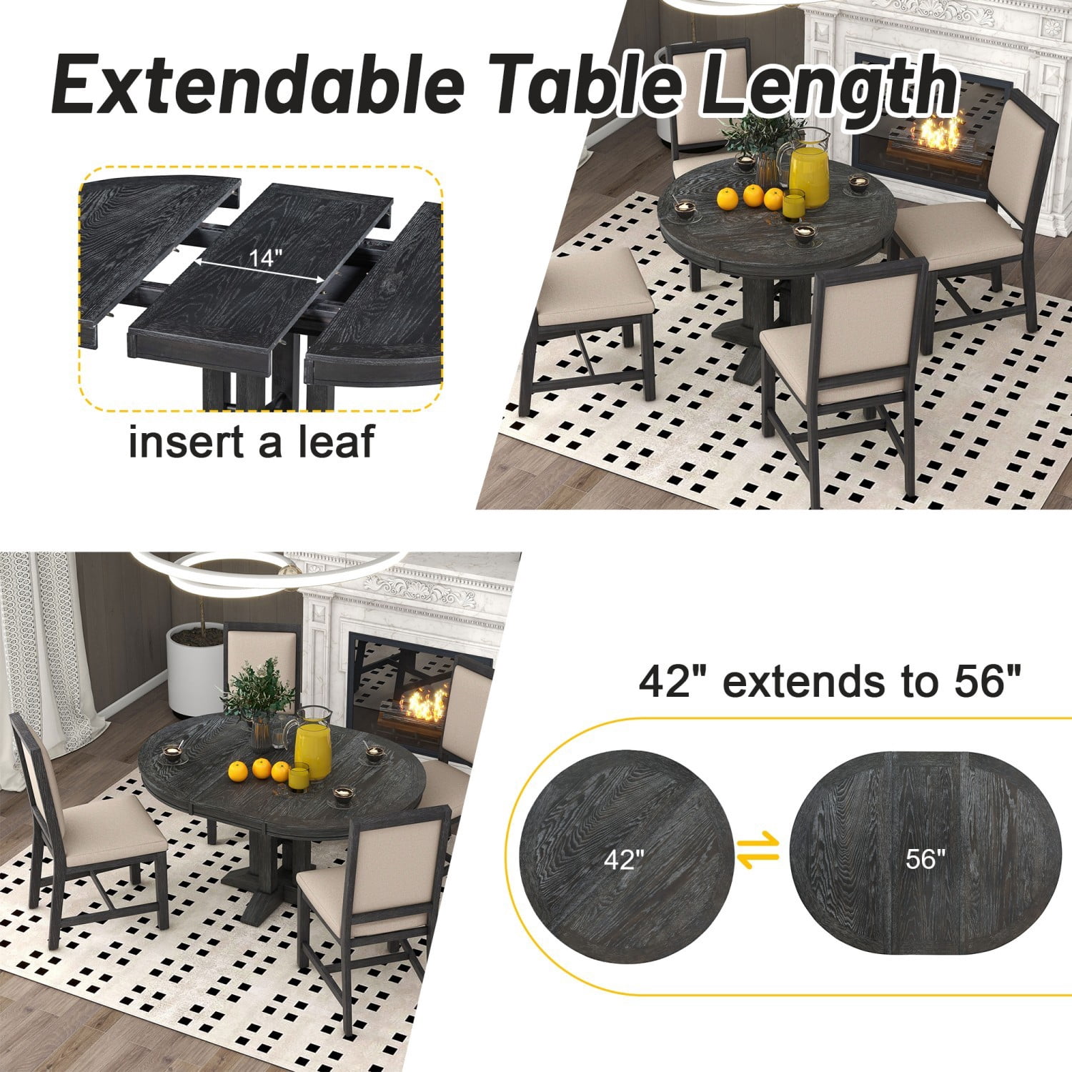 Extendable Round Dining Table, Farmhouse Kitchen Table with Oak Veneer Top & Solid Wood Base, Convertible Oval Dining Table for 4-6 People, Black