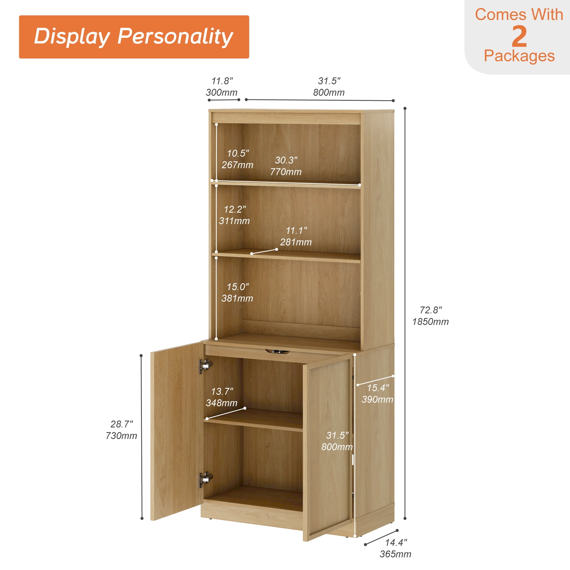 Modern 72" Tall Bookshelf with Storage Cabinet and Open Book Shelves, Wood Book shelf for Home Office, Living room,Oak