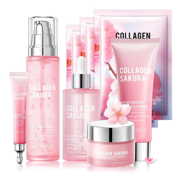 Juego de cuidado de la piel, kit de viaje para el cuidado de la piel, juego de colágeno Sakura con máscara, crema para ojos, limpiador, suero, crema facial, tónico para juegos de regalo para adolescen