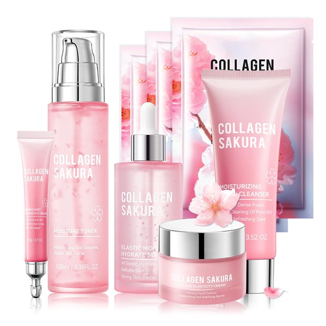 Juego de cuidado de la piel, kit de viaje para el cuidado de la piel, juego de colágeno Sakura con máscara, crema para ojos, limpiador, suero, crema facial, tónico para juegos de regalo para adolescen