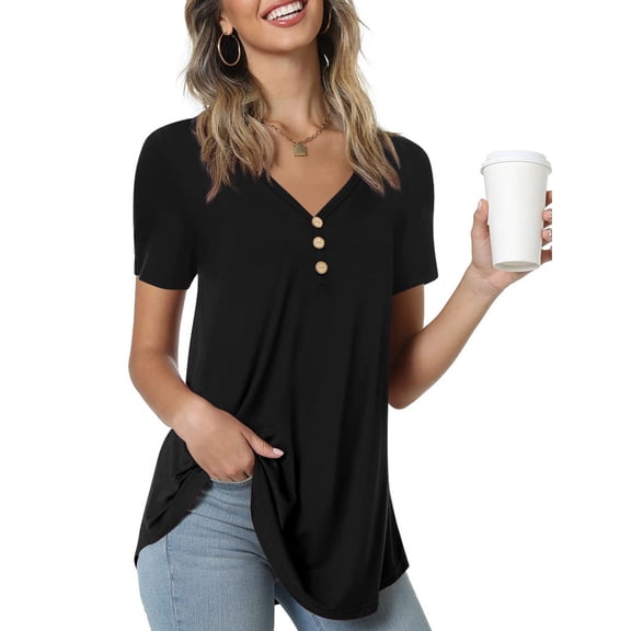 Anygrew Womens Summer Short Sleeve Tunic Tops Loose Fit Casual Blouses