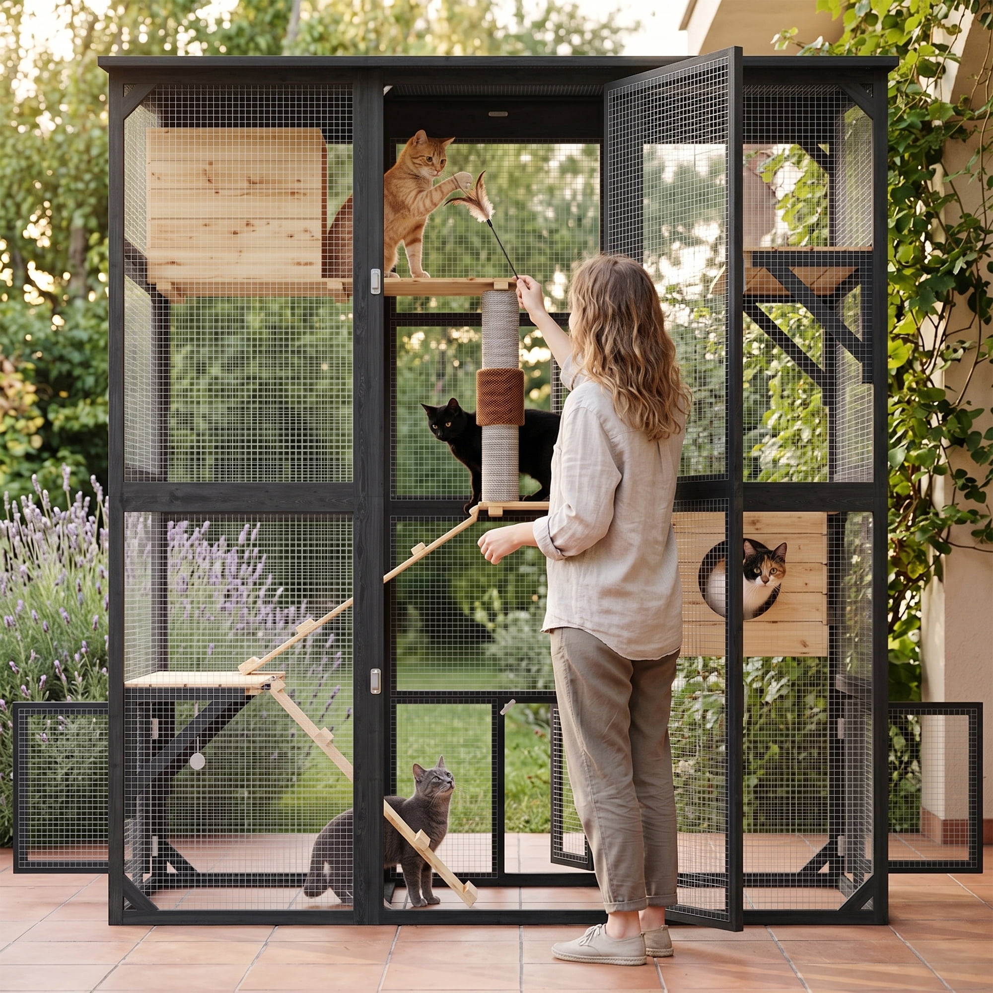 ANPOO 71''Luxury Walk-In Outdoor Catio, Large Wooden Cat Enclosure with Sloped Weatherproof Roof, Multi-Level Cat House with Cat Condo, Sisal Post & Ramps, Escape-Proof Cat Cage for Multiple Cats