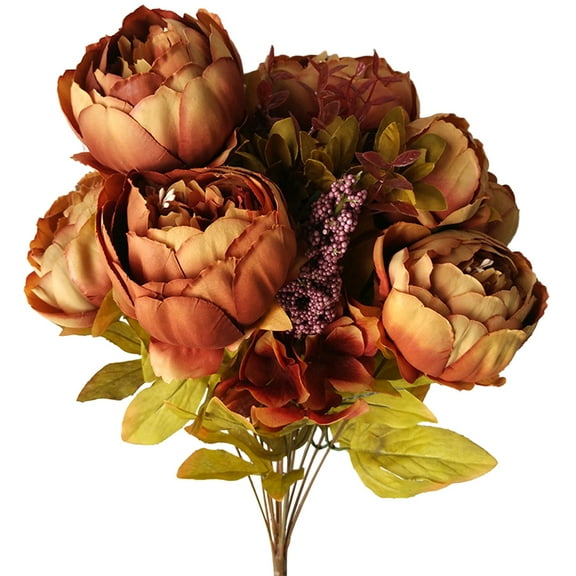 KALLORY Artificial Silk Peony Bouquets Realistic Fake Flowers for Christmas Birthday Party 1Pcs Coffee