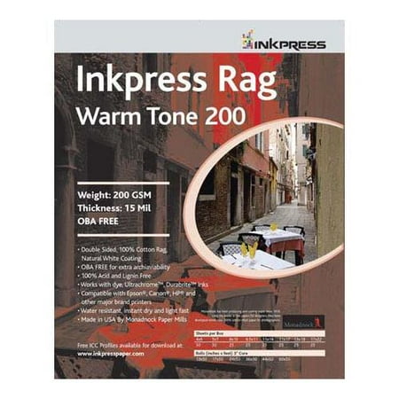 Inkpress Rag Warm Tone Inkjet - Rag, Warm Tone Double Sided, Cream White Matte Inkjet Paper, 15 mil., 200gsm, 8x10 , 25 Sheets