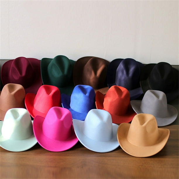 Trayknick Cowboy Hat Solid Color Wild Unisex Anti-pilling Comfortable  Costume Party Accessories Felt Roll Up Brim Cowgirl Hat for Outdoor Dark  Red One