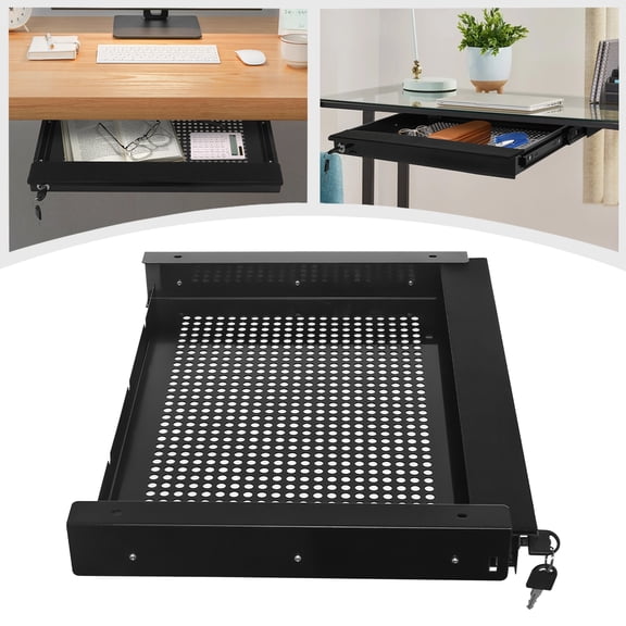 Sliding Pull-out Drawer Black Under-Desk Drawer Storage Organizer W/ 2* Keys for Installed Under The Table