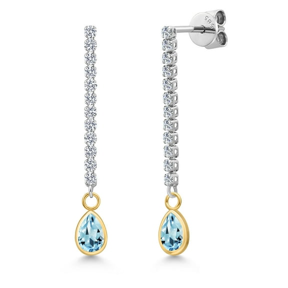 Gem Stone King 14K Two Tone Gold Sky Blue Topaz and Lab Grown Diamond Earrings for Women | 1.36 Cttw | Gemstone November Birthstone | Pear Shape 6X4MM