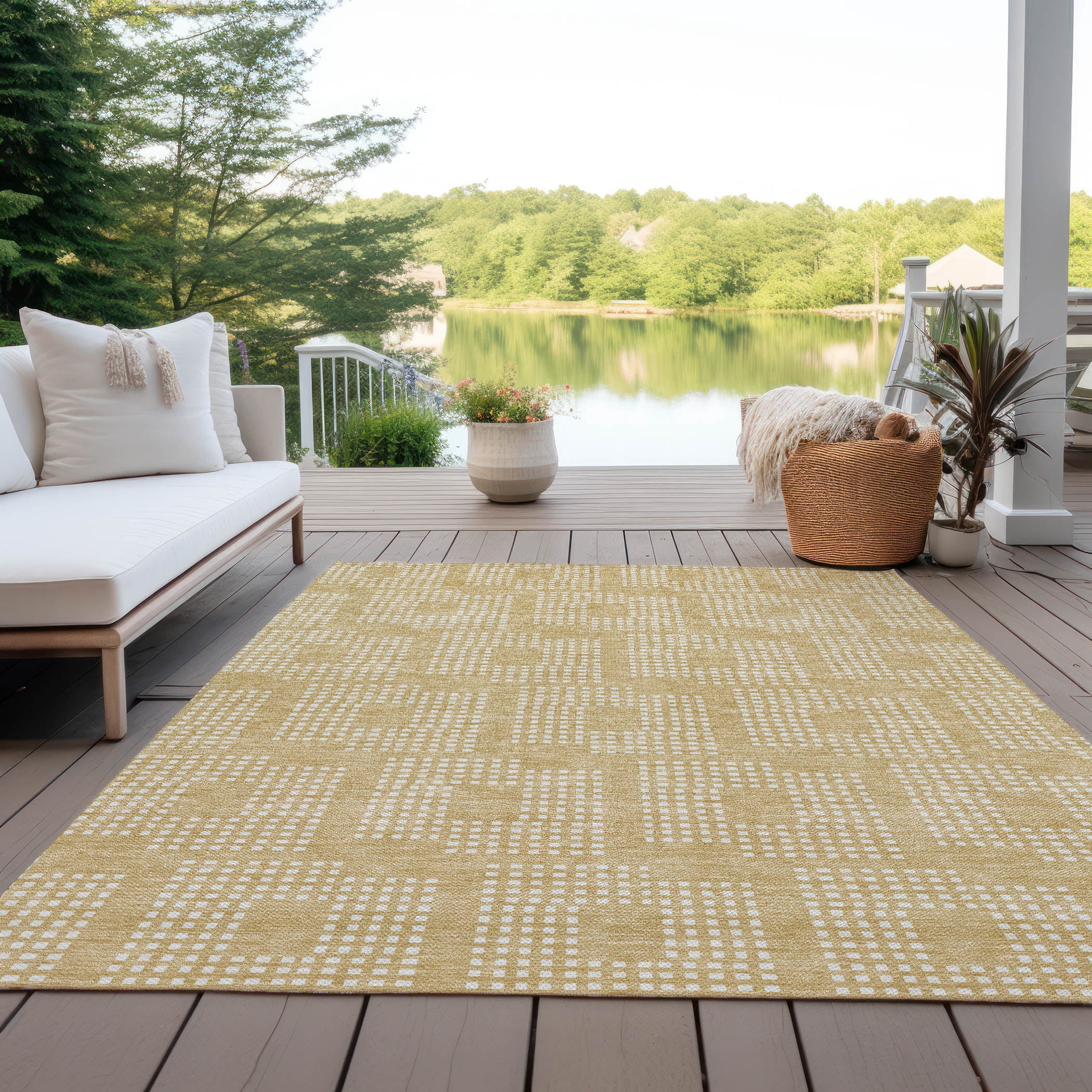 Addison Rugs Chantille Indoor/Outdoor Transitional Squares Gold Washable Rectangle Rug, 10' x 14'