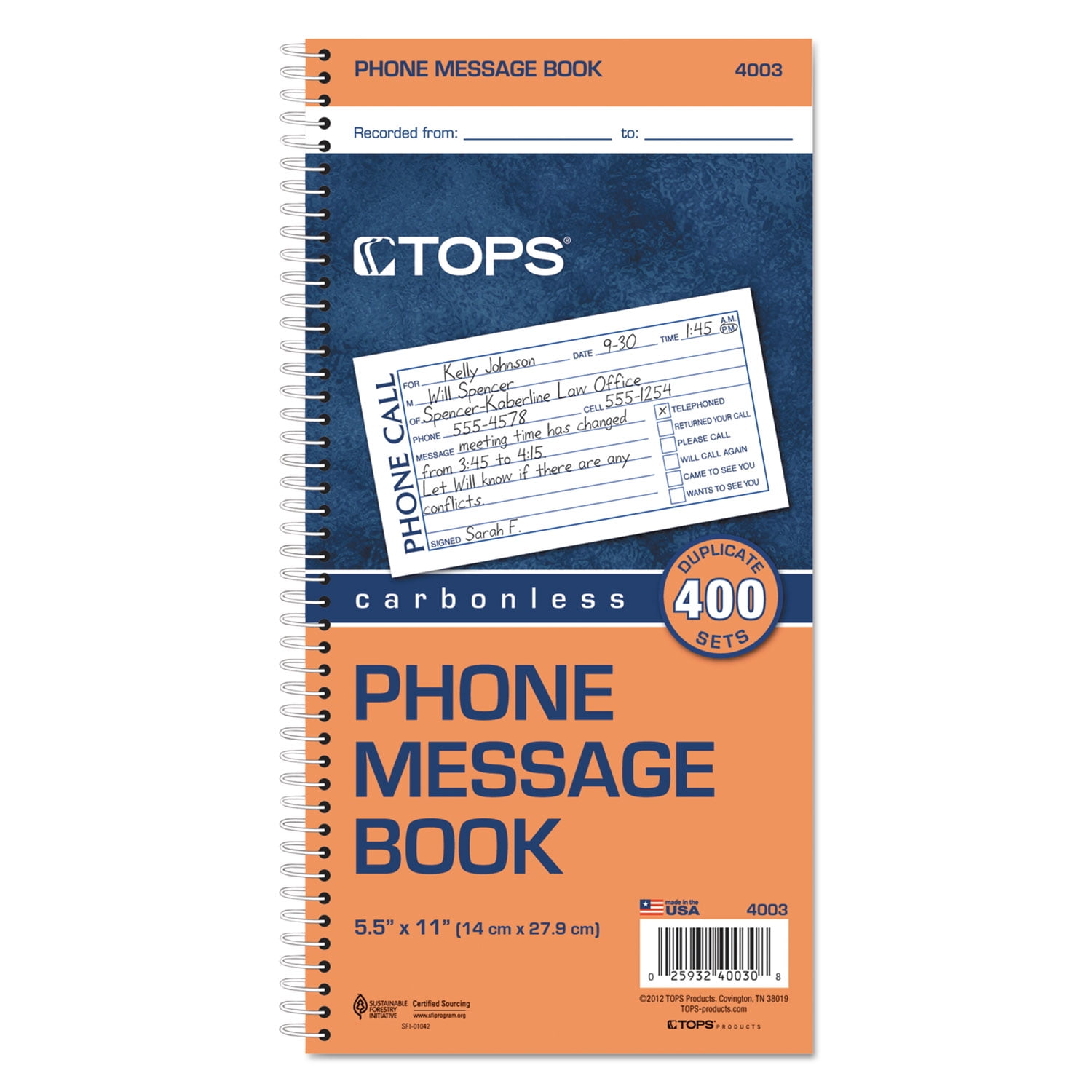 TOPS Products Spiralbound Message Book, 2 3/4" x 5", Two-Part Carbonless, 400 per Book