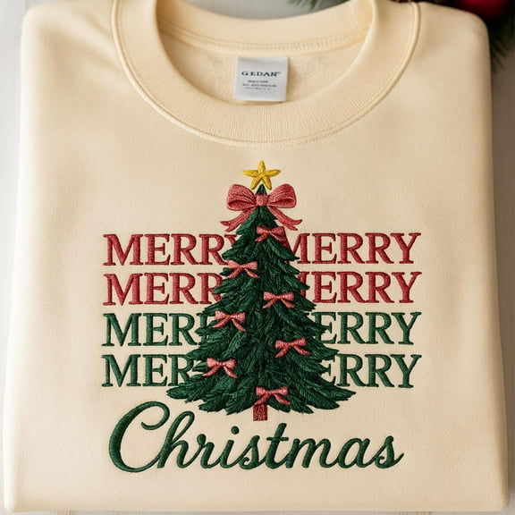 Embroidered Merry Merry Merry Christmas Sweatshirt, Merry Christmas Tree Sweatshirt, Pink Bow Christmas Sweater, Cozy Holiday Crewneck