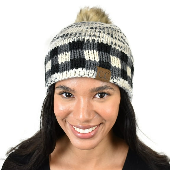 C.C Stitched Plaid Faux Fur Pom Fleece Lined Skull Cap Beanie, Beige