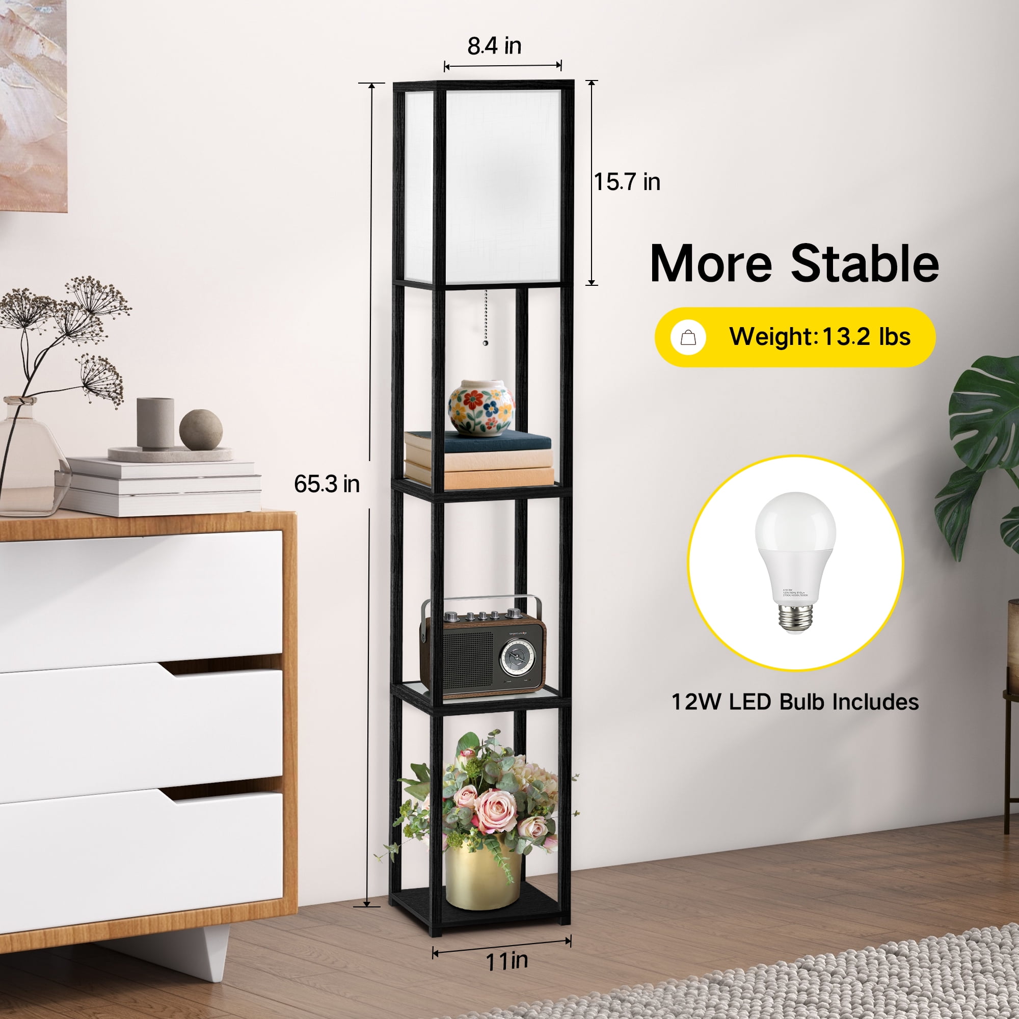 OUTON 65'' Floor Lamps with Shelves, Home Standing Lamp, Include 1080 Lumens Lighting Bulbs, Shelf Floor Lamp, Black Floor Lamps for Living Room, Bedroom, Lamp with Storage Dustproof