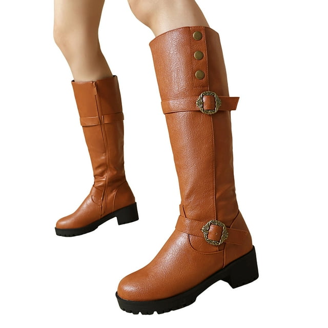 Leozcaa Women's Knee High Boots Buckle Wide Calf Riding Boots Retro Leather Side Zipper Motorcycle Boots