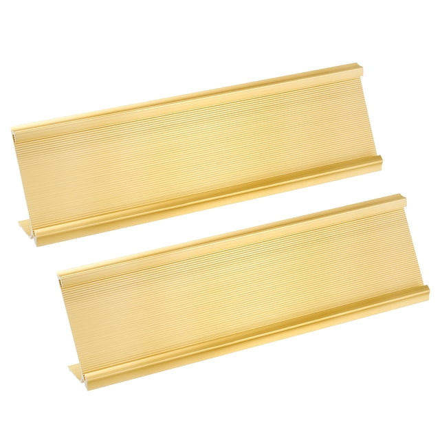 Soporte para placa de nombre de aluminio de 2x7.8 pulgadas, 2 piezas tipo L para soporte de señal de escritorio tono dorado