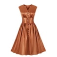 thumbnail image 1 of Women's Sleeveless Dress V-Neck Retro Solid Color High Waist Button Makings Dress, 1 of 8
