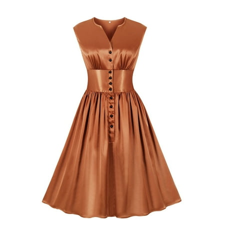 

Red Dresses for Women Womens Dresses Women s Sleeveless V-Neck Retro Plain Color High Waist Button Makings Dress Savings Clearance Deals Summer Dresses Girls Dresses Brown XL